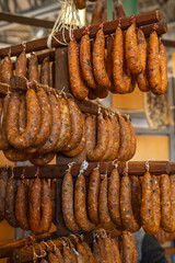 Typical smoked sausage called alheira at the Feira do Fumeiro de Montalegre, north Portugal