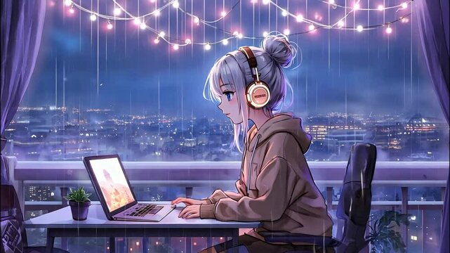 A girl leans over a small desk on a balcony surrounded by fairy lights. Below, the city hums with life, rain falls steadily. Her headphones glow faintly in the dim atmosphere, anime-style