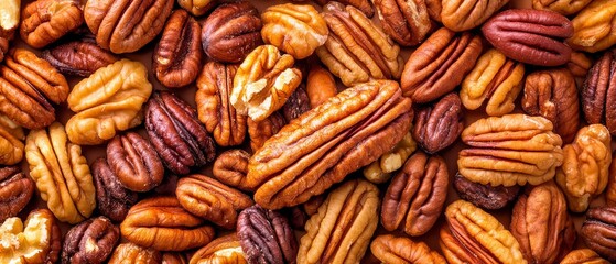Fototapeta premium Top down view of ripe pecan nuts densely packed for culinary and nutritional uses
