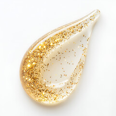 Golden glitter gel swatch on white background. Luxurious texture, perfect for beauty product shots.