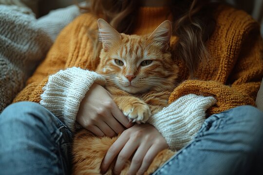 Woman in cozy sweater holding a relaxed orange cat at home