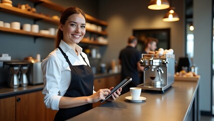 Smiling businesswoman using tablet at café desk indoors, managing coffee shop orders, horizontal photo for social media, web design, advertisement, or poster in full HD 4K, high-quality download 2025