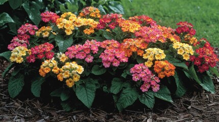 Naklejka premium Vibrant Multicolored Flowers in Lush Garden Landscape Setting