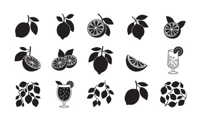 Set of Lemon Silhouettes, Black Vector Icons of Whole, Sliced Lemons, Leaves, and Lemon Drinks
