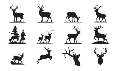 Set of Deer Silhouettes, Black Vector Illustrations of Bucks, Does, and Woodland Scenes