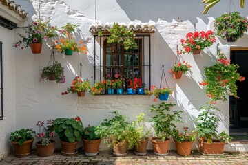 Naklejka premium Flower pots hanging and placed on the ground decorate a white wall with a barred window of a typical andalusian house