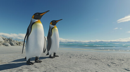Fototapeta premium Two penguins in chating position at beach area.