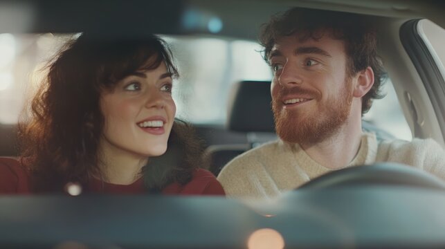 Young couple enjoying the experience of testing a new car, engaging in conversation and smiling while selecting the perfect vehicle to meet their needs in a vibrant dealership showroom - Powered by Adobe