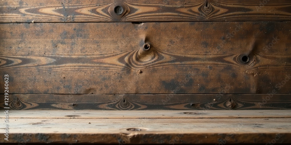 Poster rustic wooden surface with distinctive grain patterns and knots, ideal for product displays or backg