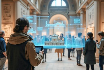 A man at a museum uses a tablet to interact with a holographic display showing architectural models and historical information with other visitors. Augmented reality helps tourists learn history