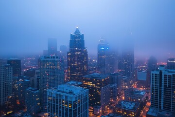 Obraz premium An aerial view of a hazy downtown cityscape at dusk, highlighting contemporary buildings and the metropolitan environment, lighted by city lights. Generative Ai