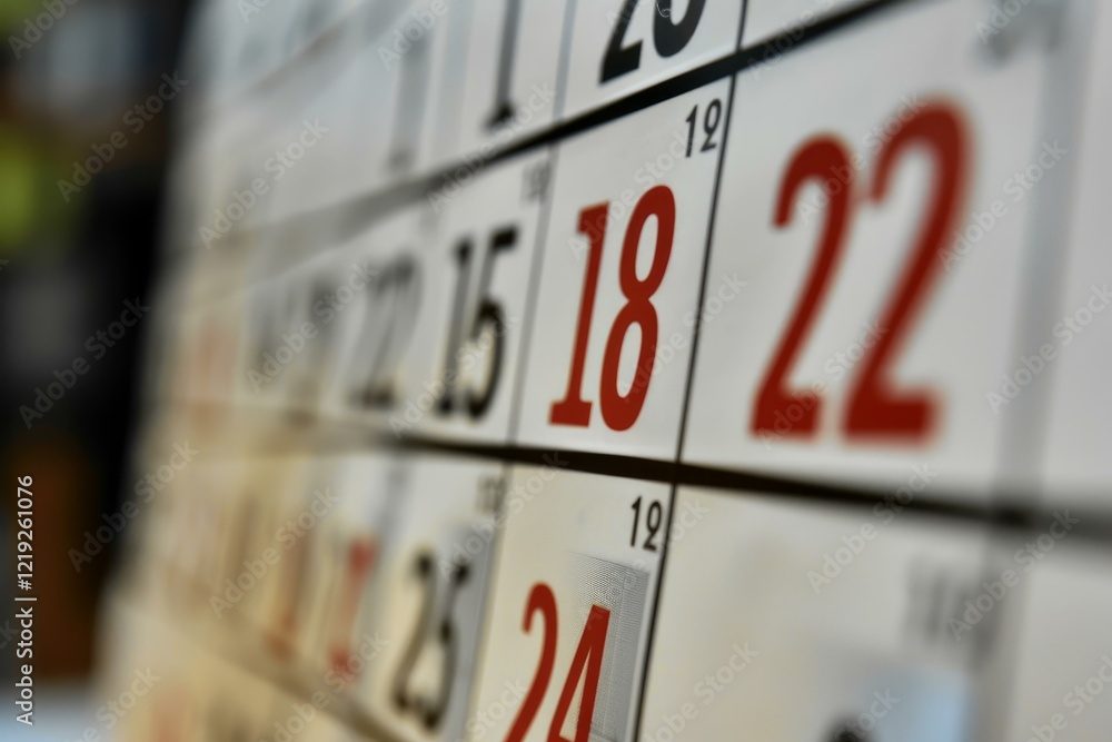 Poster close up of a calendar page highlighting important dates with red numbers, indicating deadlines or s