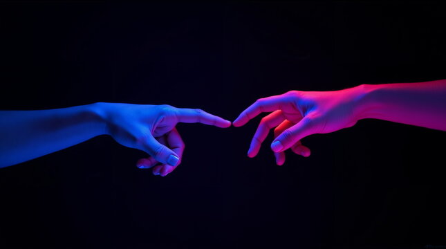 Two hands reaching with vibrant neon blue and pink lights against a dark backdrop. . It is suitable for projects that utilize abstract art, tech imagery, or convey themes of interaction and touch.