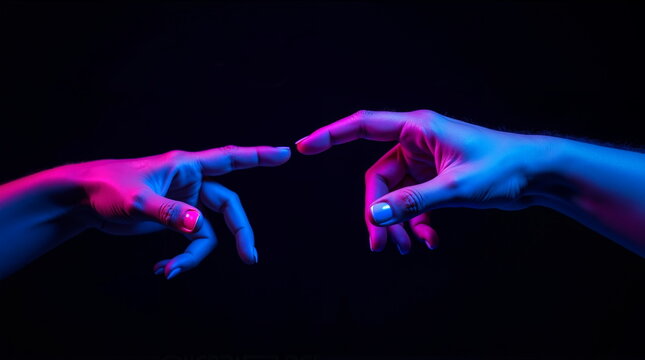 Two hands reaching with vibrant neon blue and pink lights against a dark backdrop. . It is suitable for projects that utilize abstract art, tech imagery, or convey themes of interaction and touch.