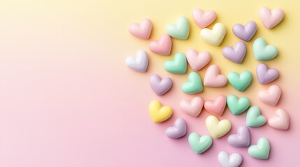 Whimsical Scattering of Pastel Rainbow Colored Hearts on Soft Gradients for Playful Designs