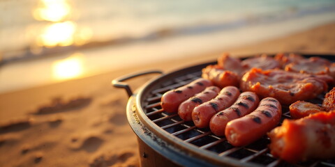  Sausages and steaks grilling on a portable barbecue grill at the beach. The concept is of outdoor cooking, summer, relaxation, and beachside grilling. 