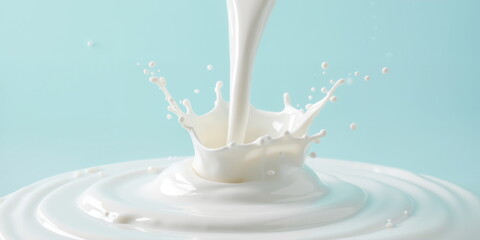 Fresh milk pouring creates dynamic splash against a soft blue background. The concept is of freshness, health, food, and liquid movement for food and beverage, health, and lifestyle-related content
