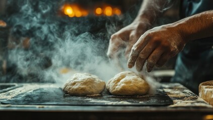 Baker shaping steaming bread dough on a dark surface.