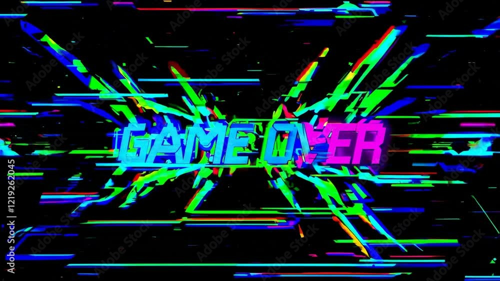 Aufkleber retro game over screen with neon text on black background, glitch effect. classic video game concept