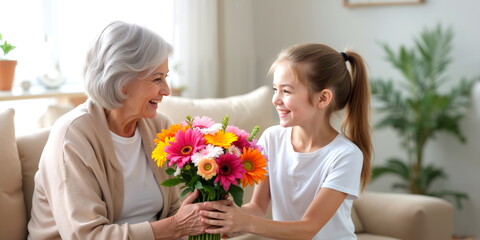 Girl giving selebration flowers to grandmother. For use in advertisements and promotional materials related to family, gifts, celebrations, birthdays, anniversaries, and holidays. It ca