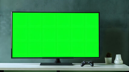 Modern TV, gaming monitor, green screen on green screen background. Cut out