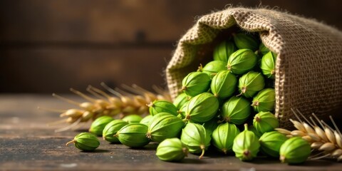 A burlap sack overflowing with vibrant green gooseberries spills onto a rustic wooden surface, complemented by the golden hues of nearby wheat stalks.