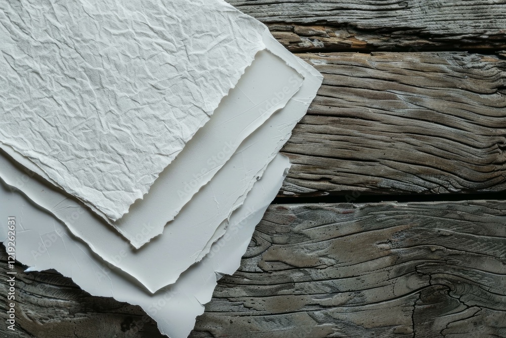 Poster white textured handmade paper sheets on a weathered wooden table create a blank canvas for artistic 