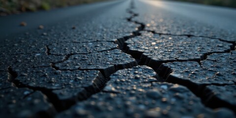 Obraz premium A Detailed Close-Up View of a Cracked Asphalt Road Surface with Morning Dew
