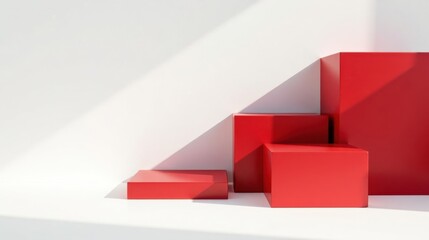 Red geometric forms create a minimalist product display against a bright backdrop