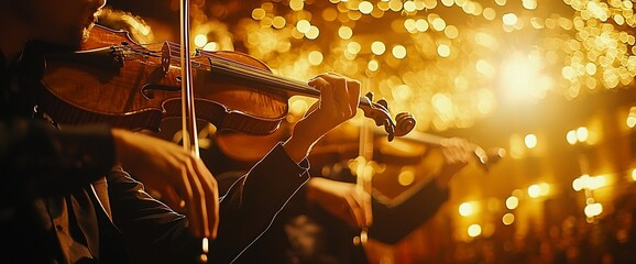 Violinists performing on stage with warm lighting.