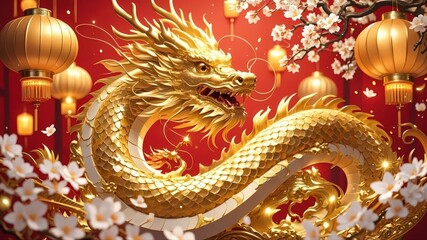 Obraz premium Golden auspicious dragon and Chinese lantern