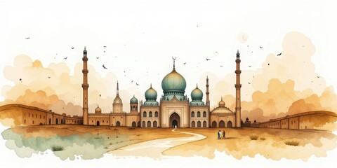 Watercolor painting of an Eid al-Adha Islamic background, featuring a serene mosque, crescent moon, and festive decorations; vibrant yet soft tones evoke joy and spirituality