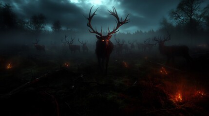 Dark Forest: A Herd of Eerie Deer Under a Gloomy Sky