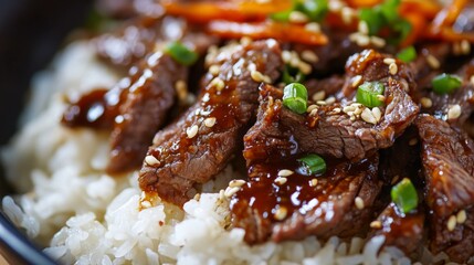Close-up of rice with spicy Korean BBQ beef. Featuring tender beef marinated in Korean BBQ sauce and served over rice. Emphasizing a spicy, flavorful Korean dish. Ideal for Korean BBQ recipes.
