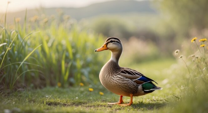 Adorable duck in the idyllic country side yard.