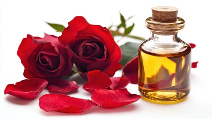A bottle of natural facial oil with an elegant design, placed next to a few rose petals, on a white isolated background