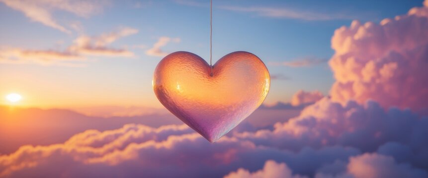 Heart shaped object hovering among vivid orange and purple cloud during a bright sunset with warm color.