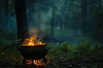 Large cooking pot standing over burning firewood in dark forest at night, creating sparks and smoke