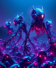 Cybernetic Uprising: Metallic Robots in Neon Dreamscape