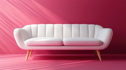 A white Scandinavian-style sofa placed against a vibrant bright pink background. Minimalist design