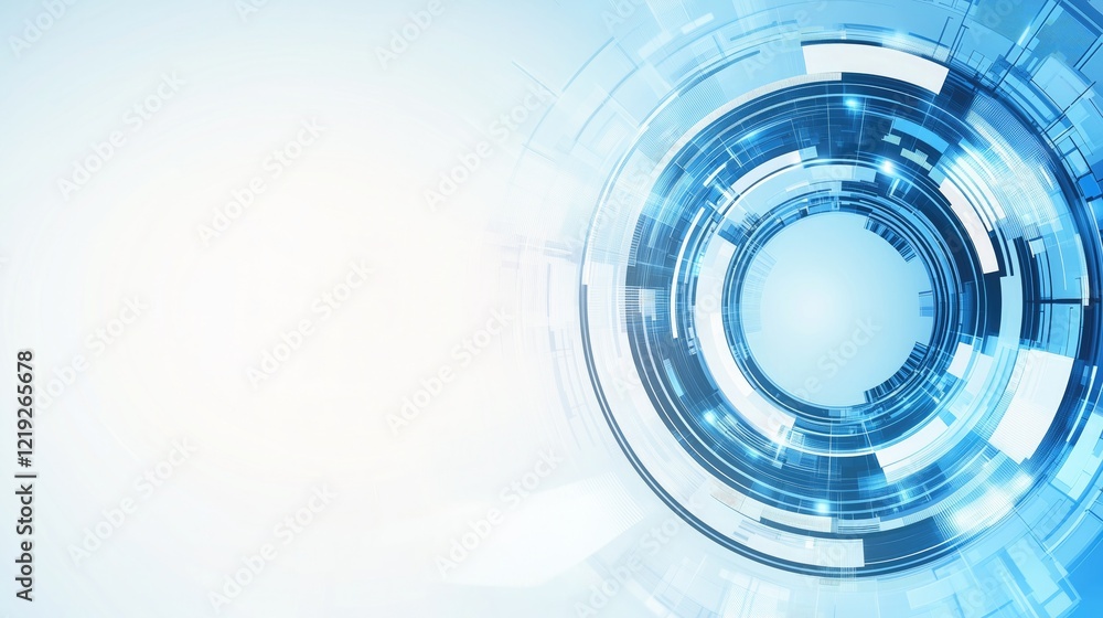 Poster a sleek and modern blue circular digital interface design with intricate patterns and a light - fill