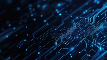 A close - up view of a glowing blue circuit board with intricate electronic pathways and small, illuminated points, set against a dark background