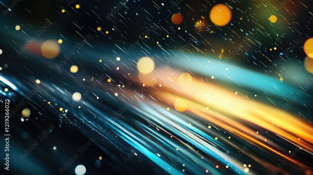 Poster a dynamic and colorful abstract scene with flowing lines and scattered glowing particles in shades o
