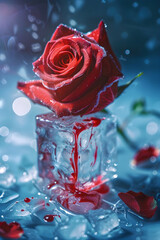 Frozen Passion: Rose Encased in Ice with Crimson Drama
