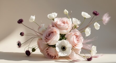 a delicate bouquet featuring pastel pink roses and white anemones accented with purple flowers in soft natural light