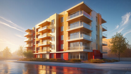 Modern apartment building reflecting in wet street at sunset