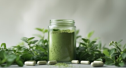 Green herbal powder in a jar surrounded by capsules and lush green foliage in the background