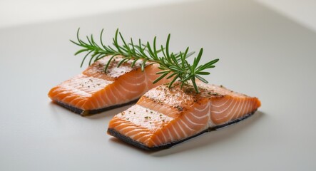 Two pieces of salmon with a sprig of rosemary on top.