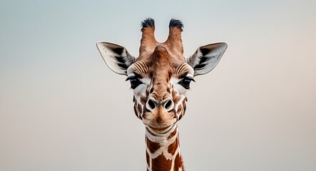 Fototapeta premium A giraffe is looking at the camera with its head tilted.