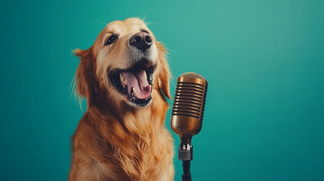 Golden retriever dog singing or barking into a vintage microphone on a turquoise background, creating a funny and engaging scene perfect for music, entertainment, or pet related projects